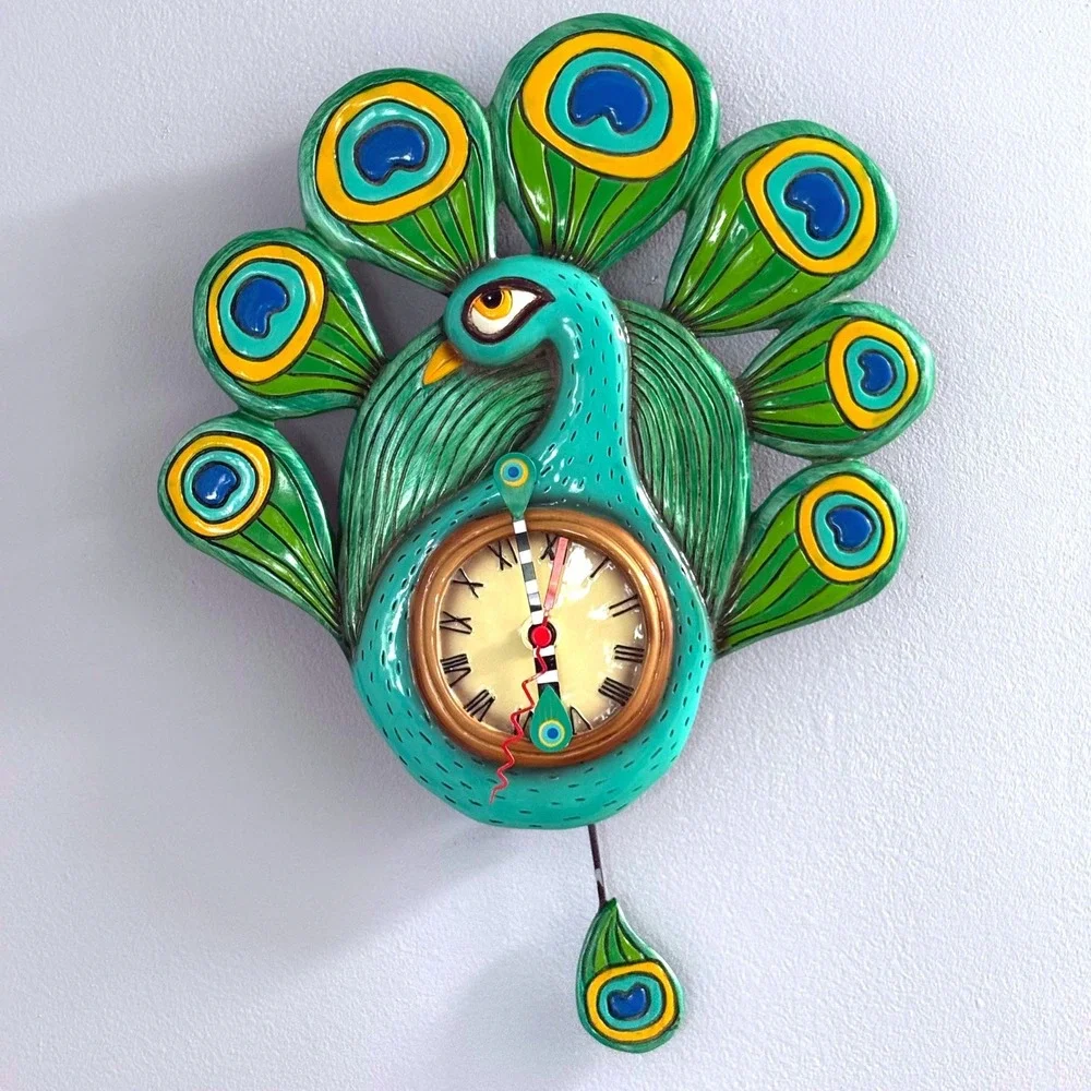 Allen Designs Peacock Pendulum Wall Clock Whimsical Teal‎ Resin Bird Timepiece